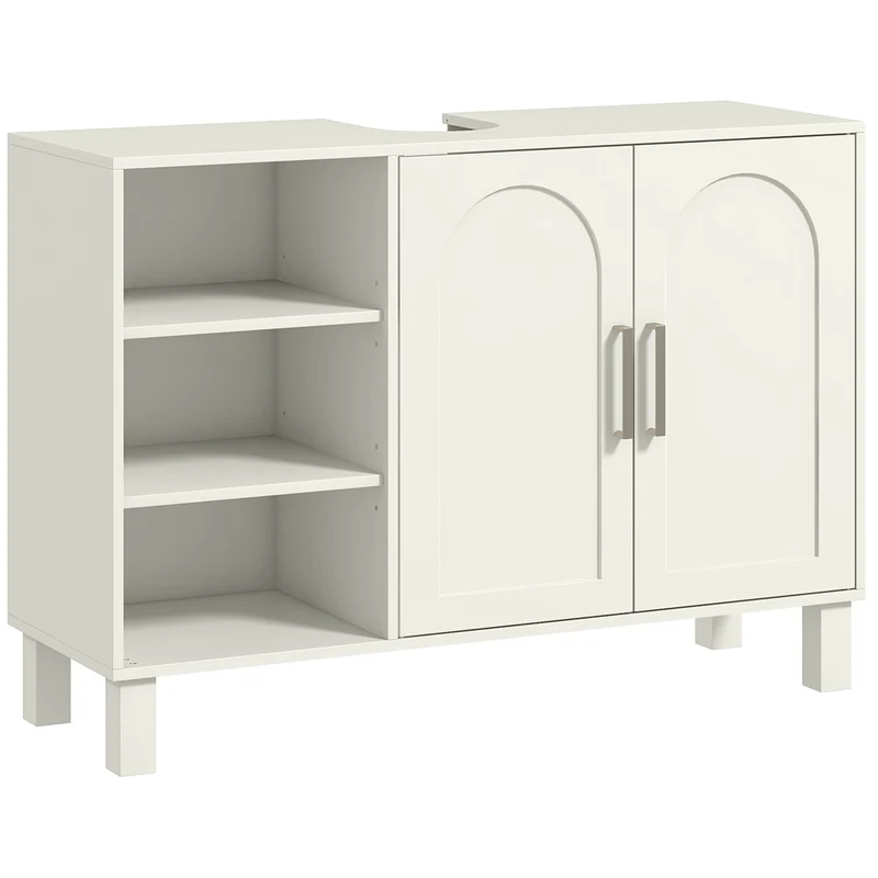 Meuble sous lavabo découpe en u 90 x 30 x 63 cm rangement ajustable gain de place contemporain minimaliste en MDF crème 21_0002037