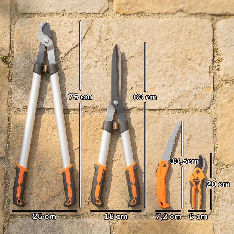 Lot de 4 outils de jardin taille branches 63 x 18 x 4.5 cm lames anticorrosion poignées légères épuré en aluminium argent 21_0005672