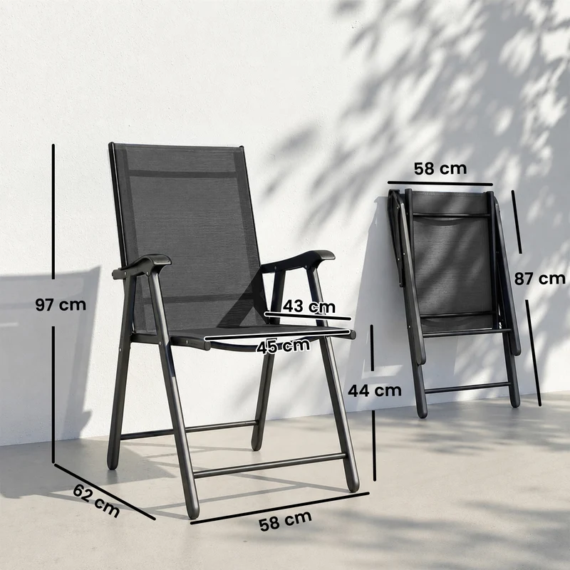 Lot de 4 chaises de jardin pliantes 58 x 62 x 97 cm dossier haut assise résistante style contemporain en acier noir 21_0005767