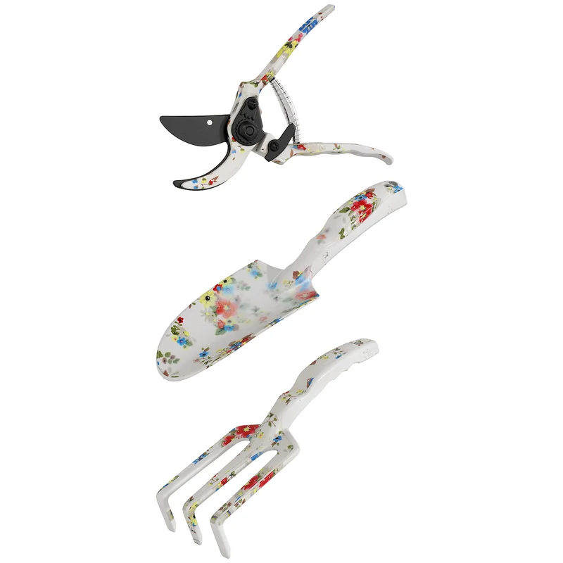 Lot de 3 outils de jardinage à main 26.5 x 7 x 3 cm léger anticorrosion motif floral et décoratif en aluminium argenté 21_0005579