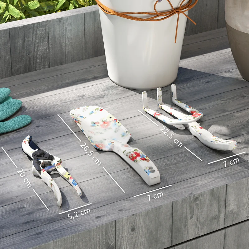 Lot de 3 outils de jardinage à main 26.5 x 7 x 3 cm léger anticorrosion motif floral et décoratif en aluminium argenté 21_0005579