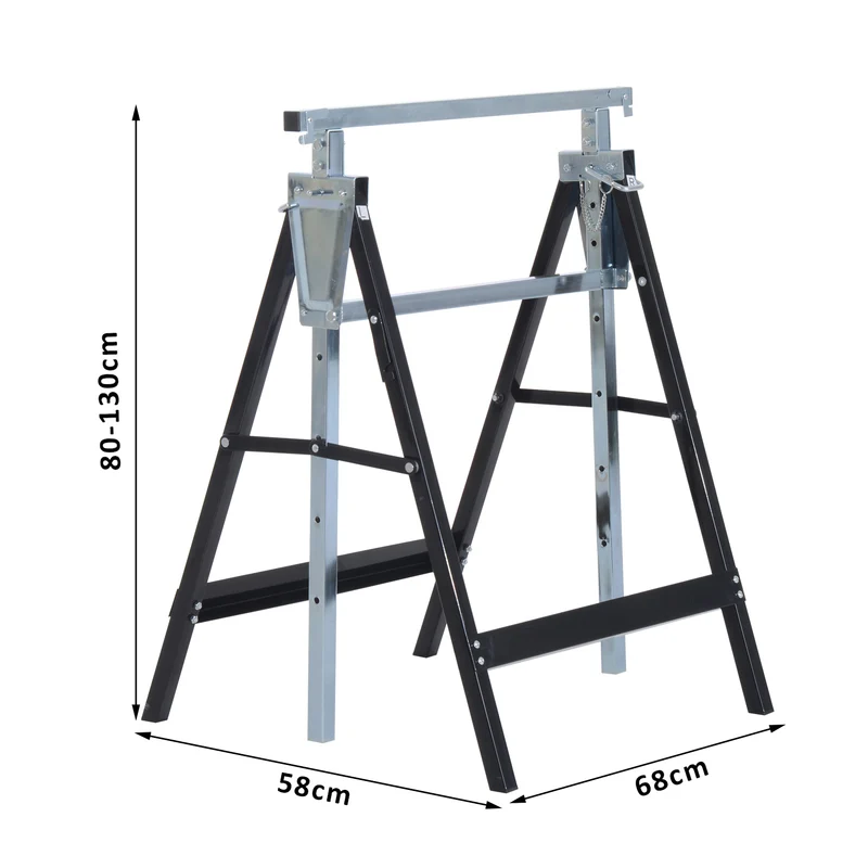 Lot de 2 tréteaux pliables télescopiques 68 x 58 x 80 cm réglables 80-130 cm charge 200 kg industriel en acier noir 21_0007079