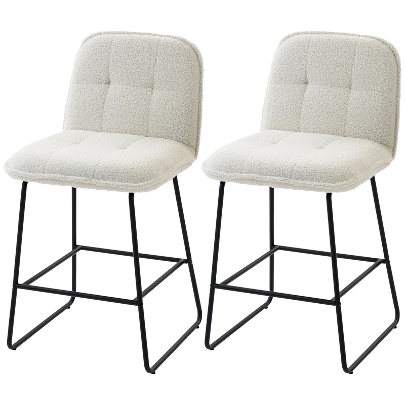 Lot de 2 tabourets de bar 51 x 57 x 96 cm assise extra-large scandinave cosy avec repose-pieds en tissu bouclette crème 21_0003413