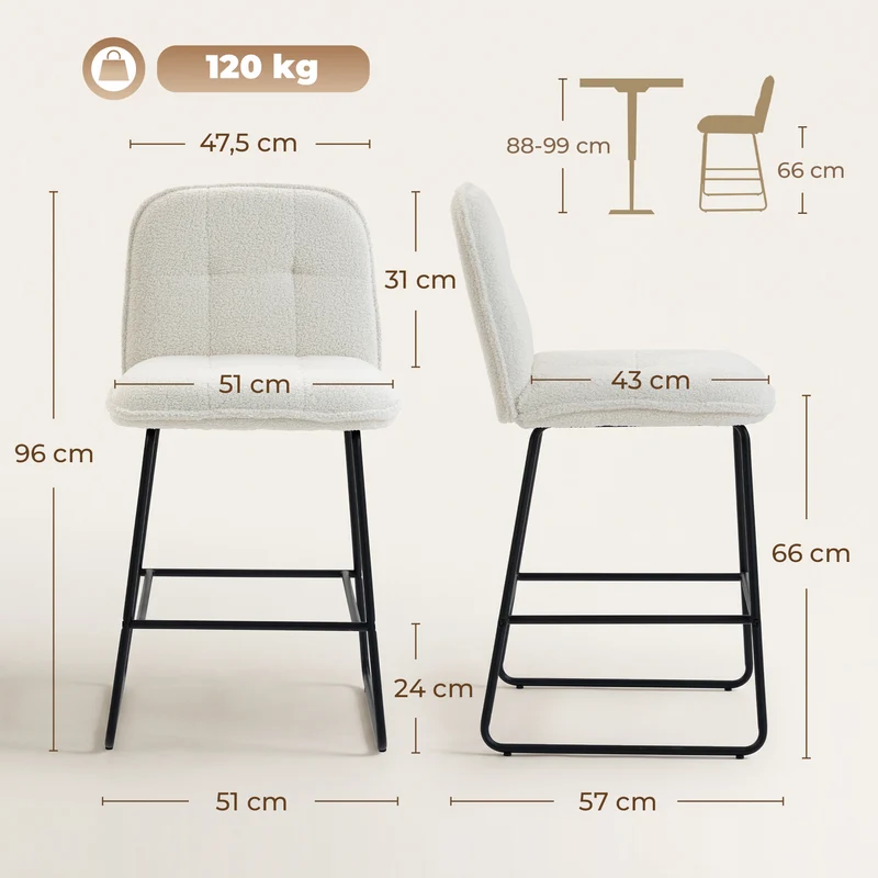 Lot de 2 tabourets de bar 51 x 57 x 96 cm assise extra-large scandinave cosy avec repose-pieds en tissu bouclette crème 21_0003413