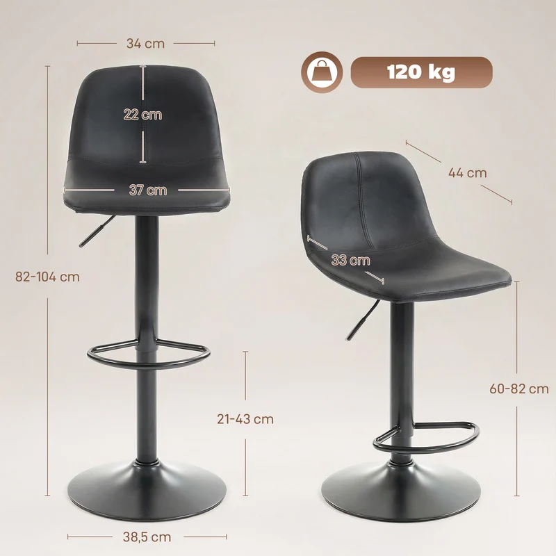 Lot de 2 tabourets de bar 37 x 44 x 82-104 cm hauteur réglable pivotant 360° assise mousse design moderne en PU noir 21_0003402