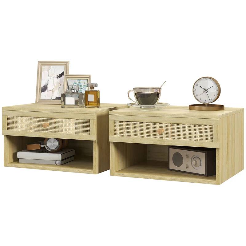 Lot de 2 tables de chevet murales 40 x 34 x 23 cm tiroir coulissant scandinave épuré en panneau de particules naturel 21_0001606