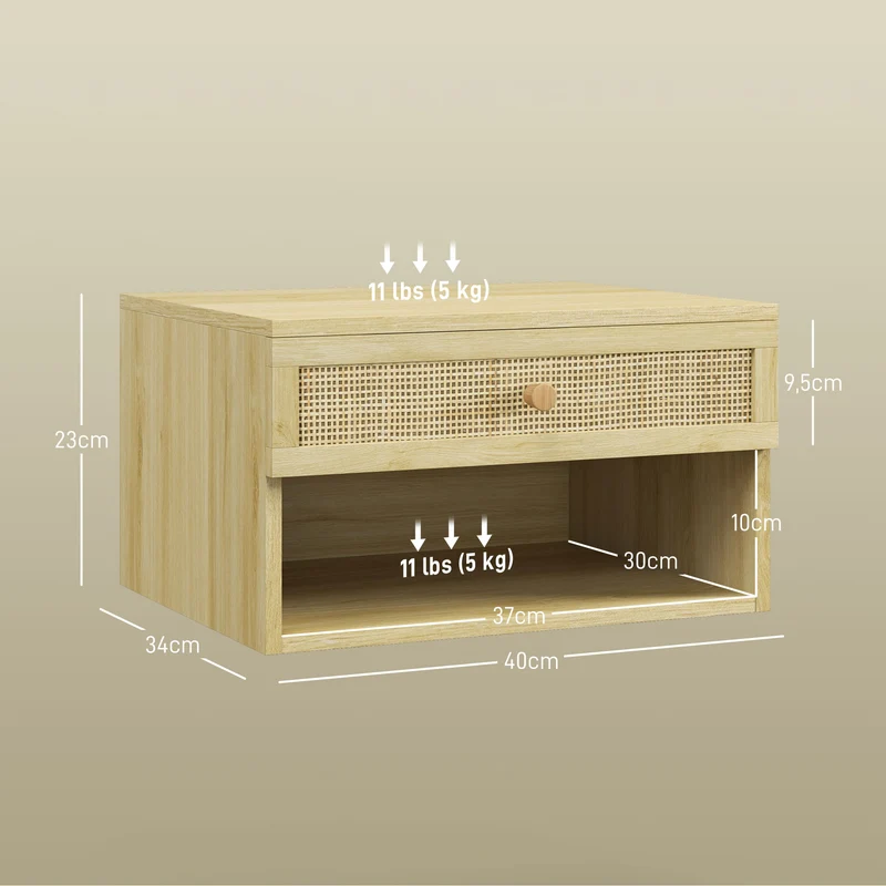 Lot de 2 tables de chevet murales 40 x 34 x 23 cm tiroir coulissant scandinave épuré en panneau de particules naturel 21_0001606