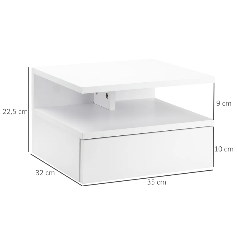 Lot de 2 tables de chevet murales 35 x 32 x 22,5 cm tiroir et niche gain de place moderne en panneau de particules blanc 21_0001453
