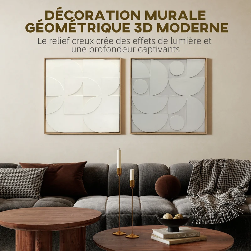 Lot de 2 tableaux muraux géométriques 3D 80 x 80 x 3,5 cm effet relief moderne salon chambre entrée cosy en MDF blanc 21_0003710
