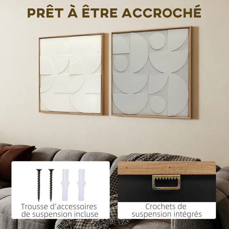 Lot de 2 tableaux muraux géométriques 3D 80 x 80 x 3,5 cm effet relief moderne salon chambre entrée cosy en MDF blanc 21_0003710
