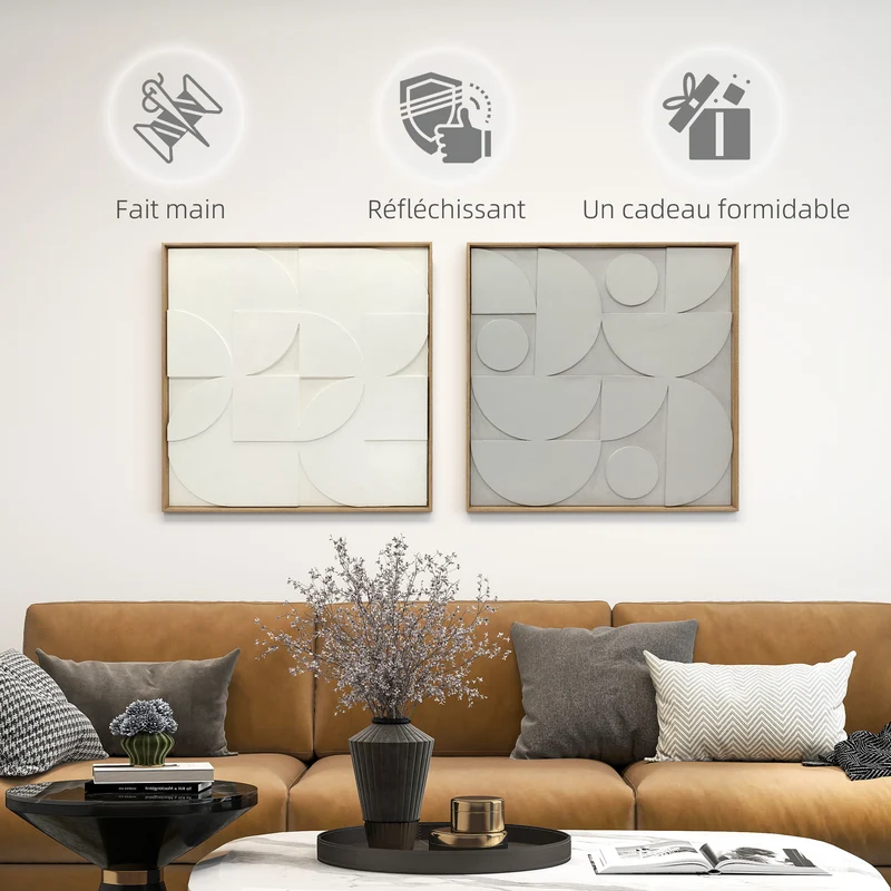 Lot de 2 tableaux muraux géométriques 3D 80 x 80 x 3,5 cm effet relief moderne salon chambre entrée cosy en MDF blanc 21_0003710
