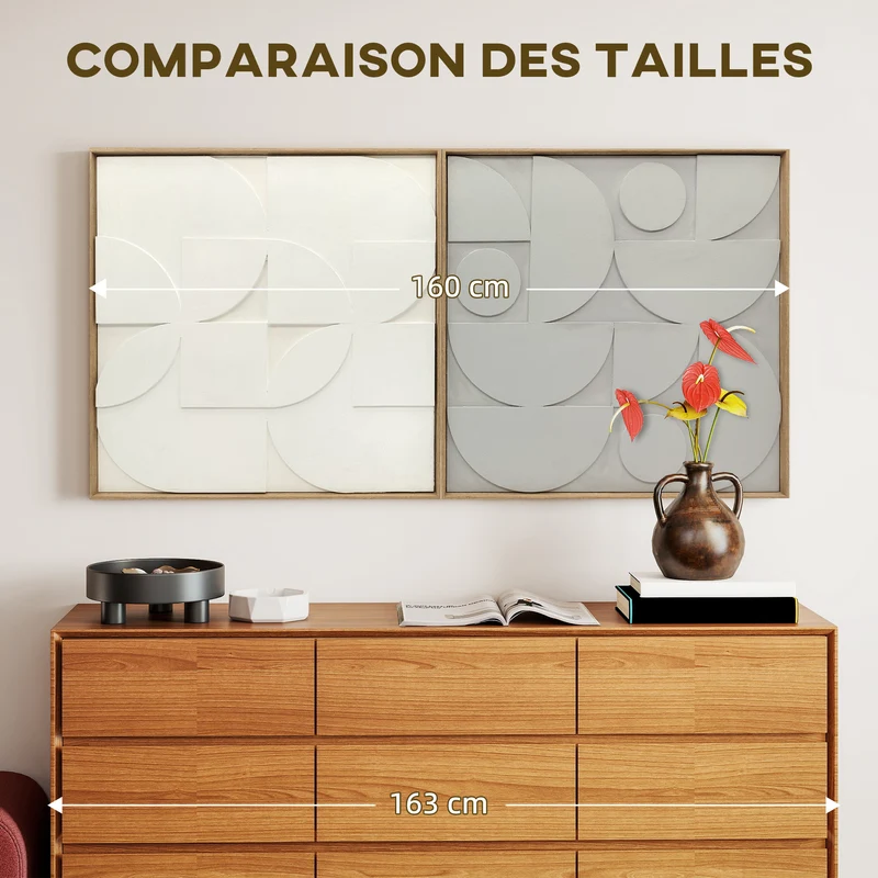 Lot de 2 tableaux muraux géométriques 3D 80 x 80 x 3,5 cm effet relief moderne salon chambre entrée cosy en MDF blanc 21_0003710