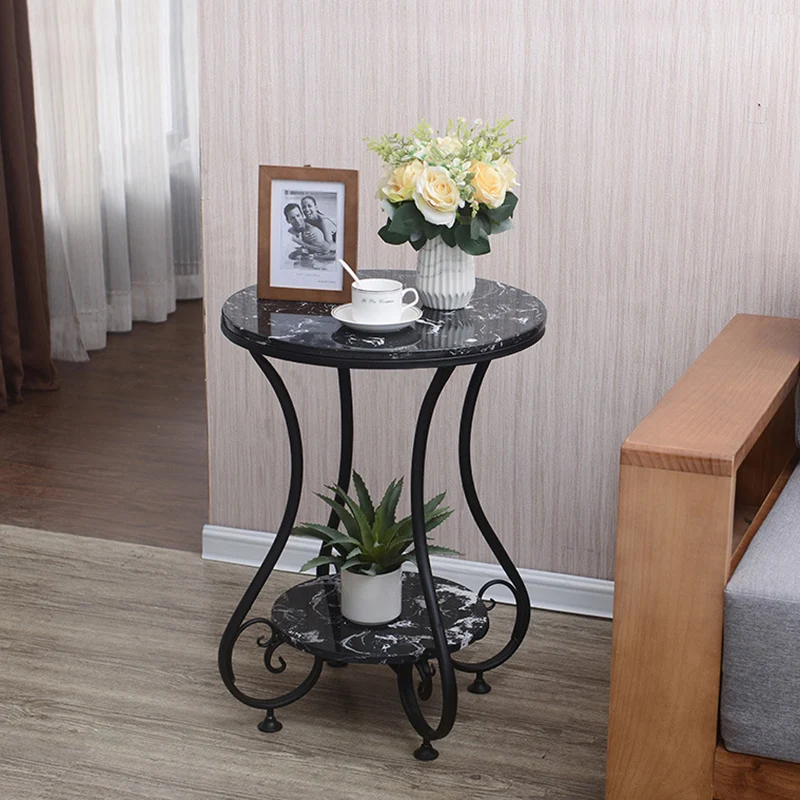 Modern Luxury Round Stone Slab Wrought Iron End Table 2-Tier For Living Room
