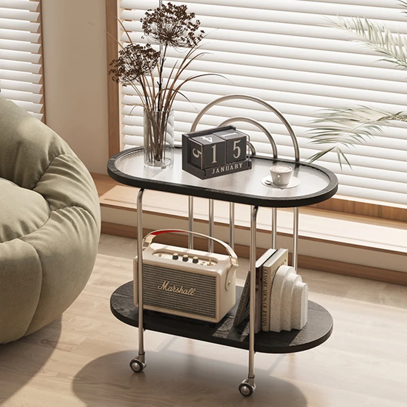 Modern Minimalist Oval Carbon Steel Stone Slab Glass End Table 2-Tier For Living Room