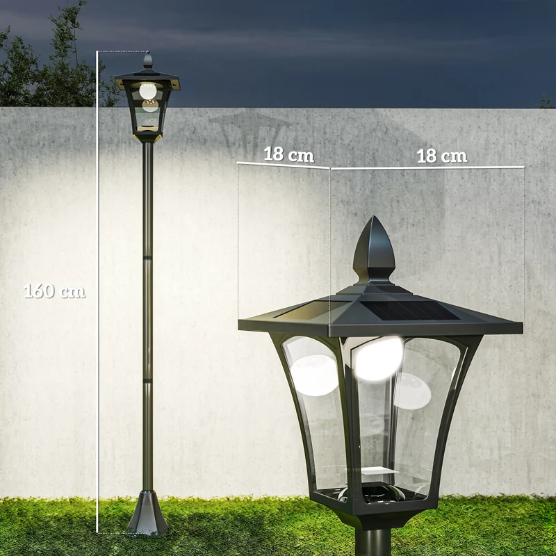 Lampadaire sur pied extérieur 18 x 18 x 160 cm à énergie solaire avec détecteur style classique en acier inoxydable noir 21_0003901