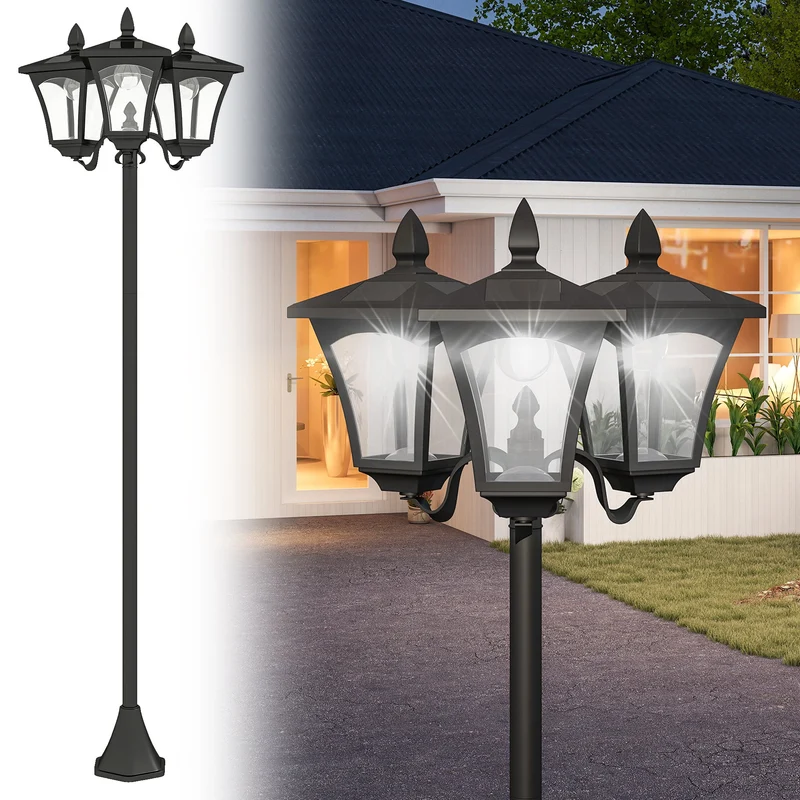 Lampadaire de jardin extérieur 51.5 x 47 x 182.5 cm éclairage solaire automatique 3 abat-jours classique ip44 en PP noir 21_0003902