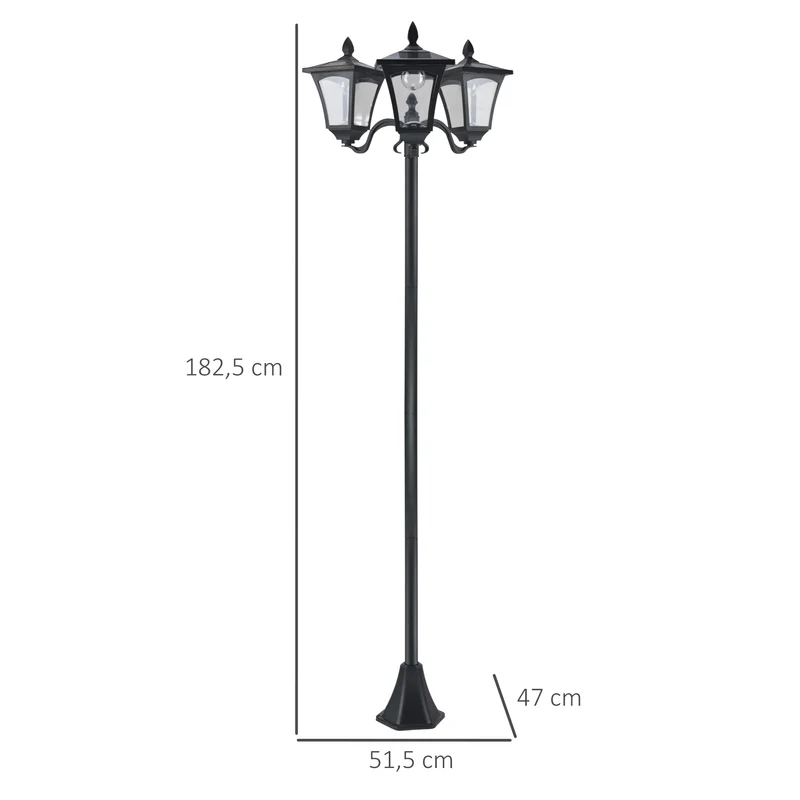 Lampadaire de jardin extérieur 51.5 x 47 x 182.5 cm éclairage solaire automatique 3 abat-jours classique ip44 en PP noir 21_0003902