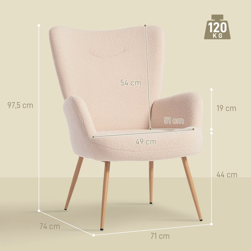 Fauteuil de salon 71 x 74 x 97.5 cm rembourré dossier haut accoudoirs confort mousse moderne en tissu bouclette beige 21_0003539