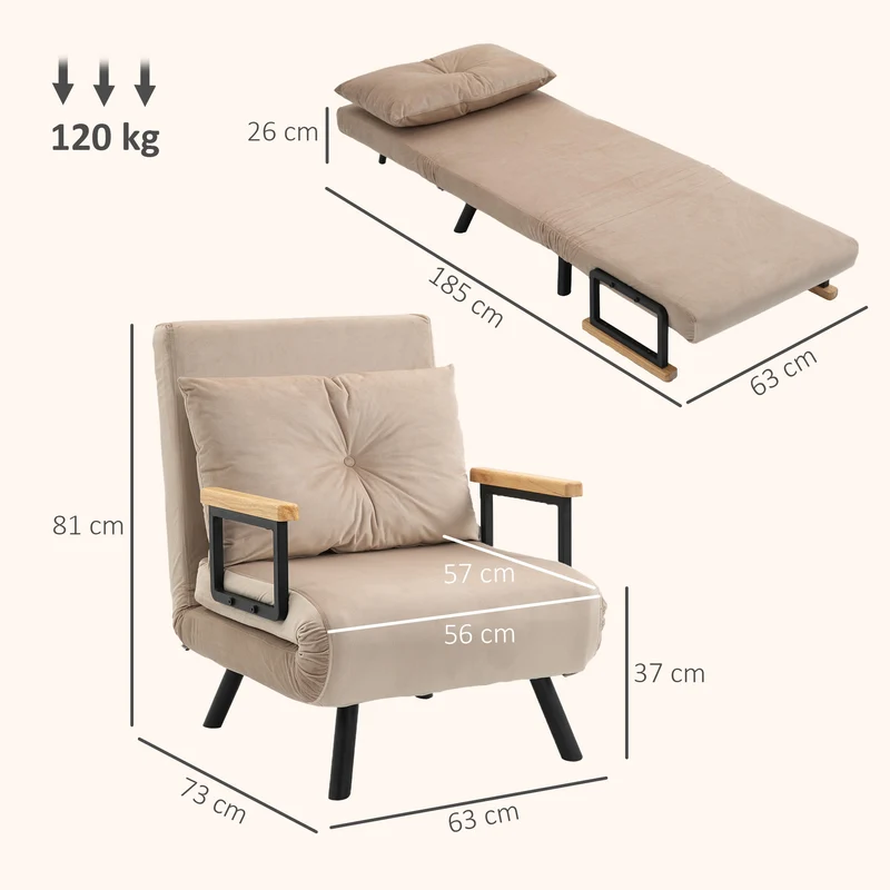 Fauteuil convertible 1 place 63 x 73 x 81 cm dossier 5 positions coussin amovible rembourré moderne cosy en tissu beige 21_0003132