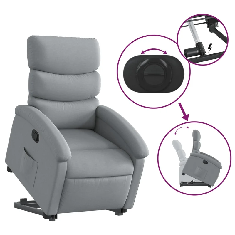 Fauteuil relax TV rembourrage confortable fonction de levage électrique en tissu gris clair DEC027901