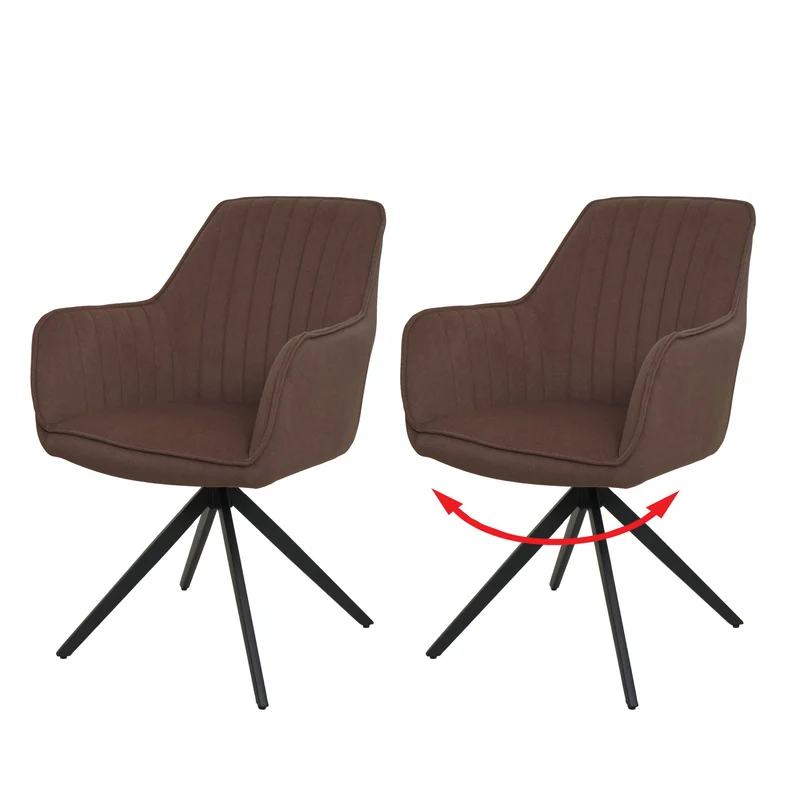 Lot de 2 chaises de salle à manger pivotant avec accoudoir forme arrondie avec coutures décoratives cadre métal et tissu marron 04_0007372