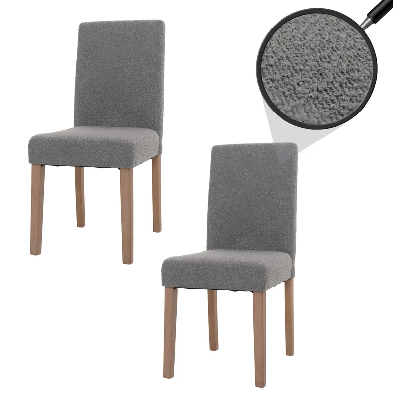 Lot de 2 chaises de salle à manger dossier haut en tissu bouclé gris pieds en bois clairs 04_0007320