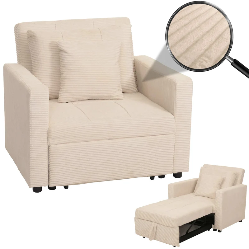 Fauteuil-lit lit d'appoint relaxation dossier réglable surface de couchage 197x100 cm tissu velours côtelé crème-beige 04_0006252