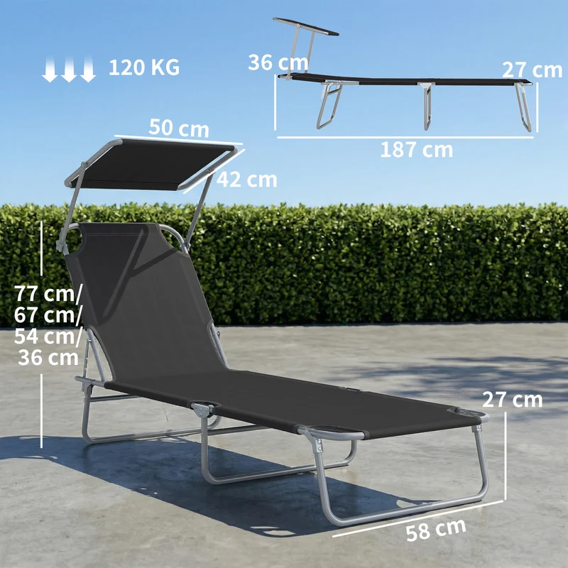 Transat bain de soleil 187 x 58 x 36 cm dossier inclinable 4 positions pare-soleil réglable moderne en polyester noir 21_0004543