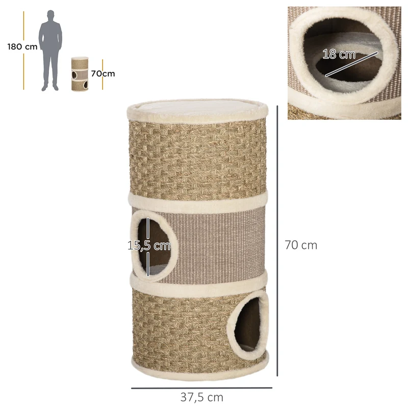 Tonneau à gratter pour chat 37,5 x 37,5 x 70 cm 3 niches plateforme moelleuse grattage sisal moderne en peluche kaki 21_0007647