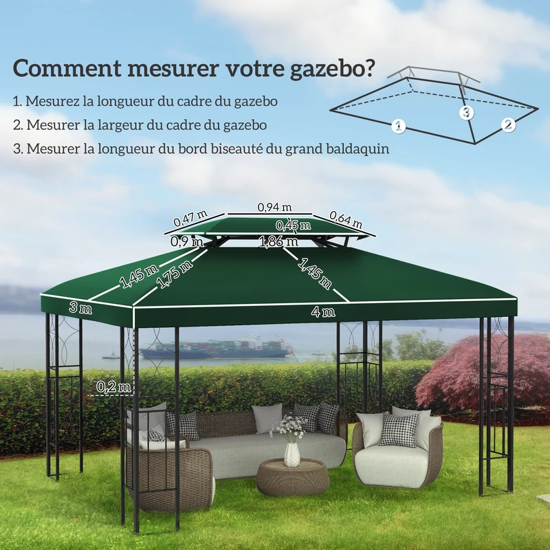 Toile de rechange pour pavillon tonnelle 3 x 4 m toit double ventilé protection solaire contemporain en polyester vert 21_0004743
