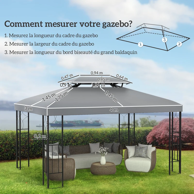 Toile de rechange pour pavillon 3 x 4 m double toit ventilé anti poche d'eau 180 g/m² moderne en polyester gris clair 21_0004745
