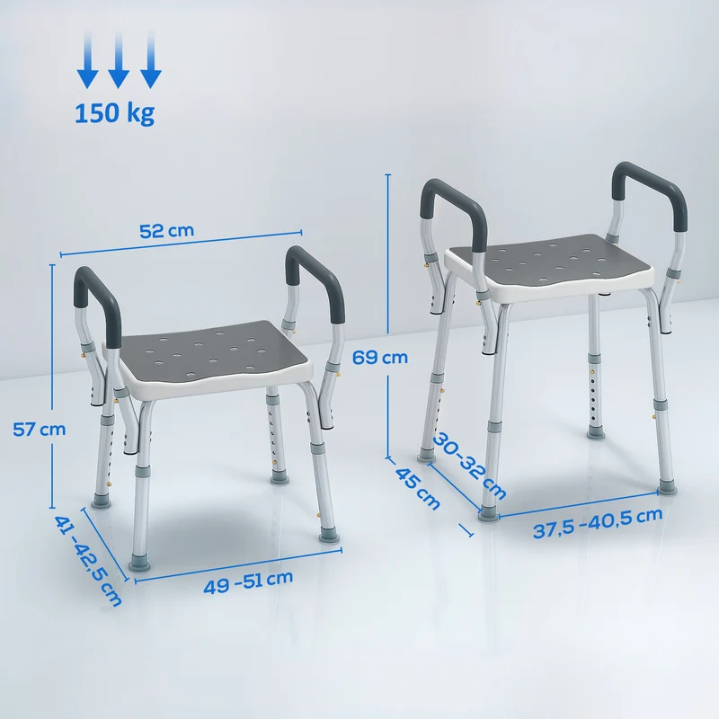 Tabouret de douche seniors 52 x 45 x 57-69 cm réglable antidérapant assise ergonomique moderne épuré en aluminium gris 21_0000852