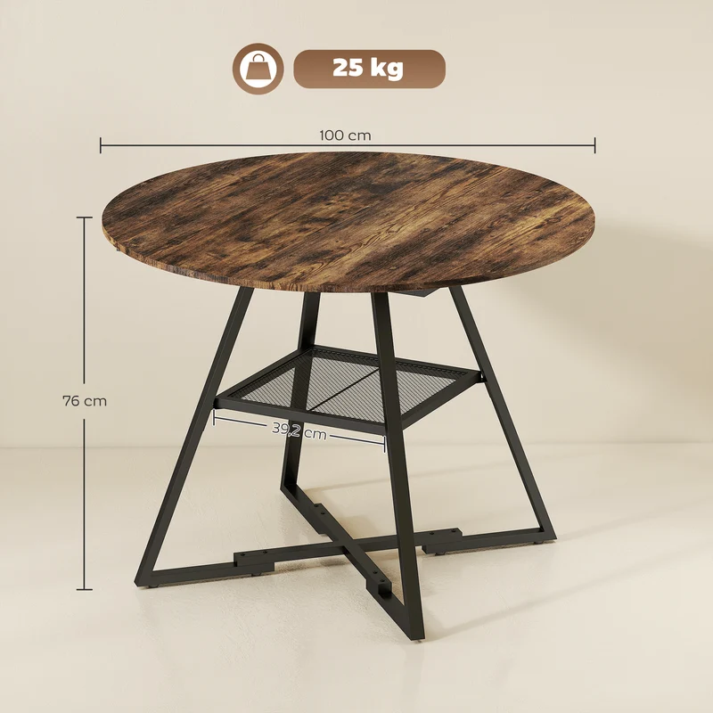 Table à manger ronde conviviale 100 x 76 cm étagère de rangement style industriel en panneau de particules brun rustique 21_0003390
