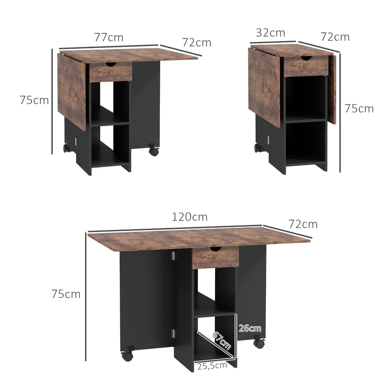 Table à manger pliante extensible 120 x 72 x 75 cm tiroir intégré gain de place rustique en panneau de particules brun 21_0003244
