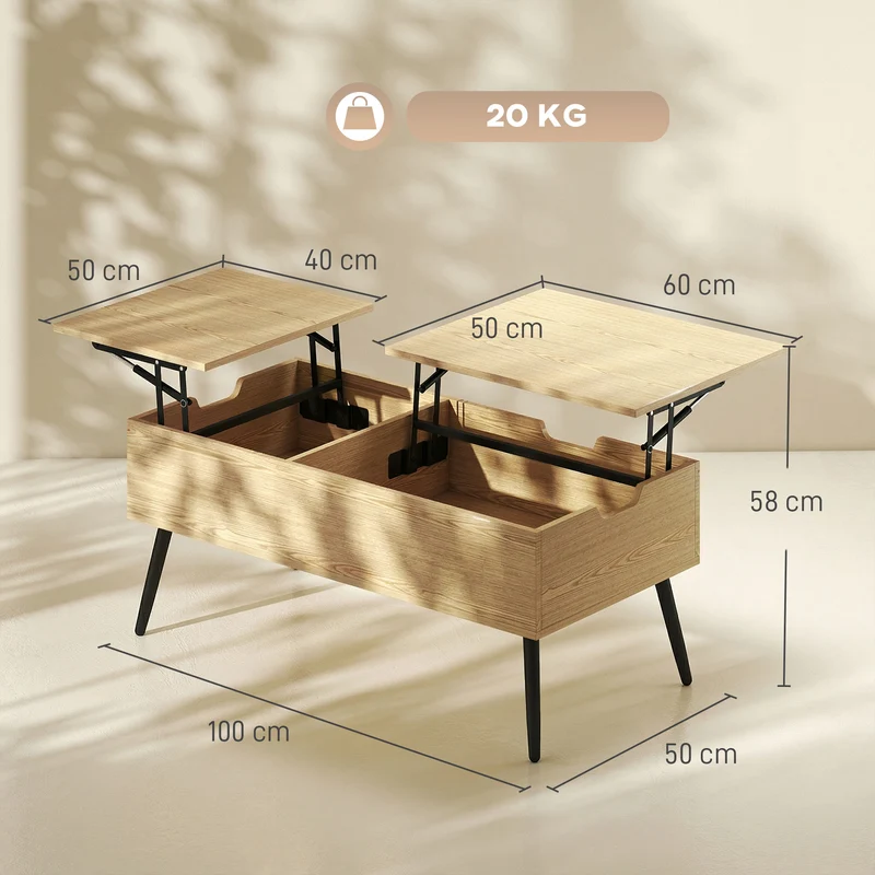 Table basse relevable double plateau salon 100 x 50 x 58 cm rangement discret moderne contemporain en mélamine effet bois naturel et noir 21_0003669