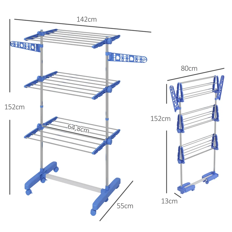 Séchoir à linge sur roulettes pliable hauteur réglable 8 ailes 142 x 55 x 152 cm moderne épuré en acier inoxydable bleu 21_0005853