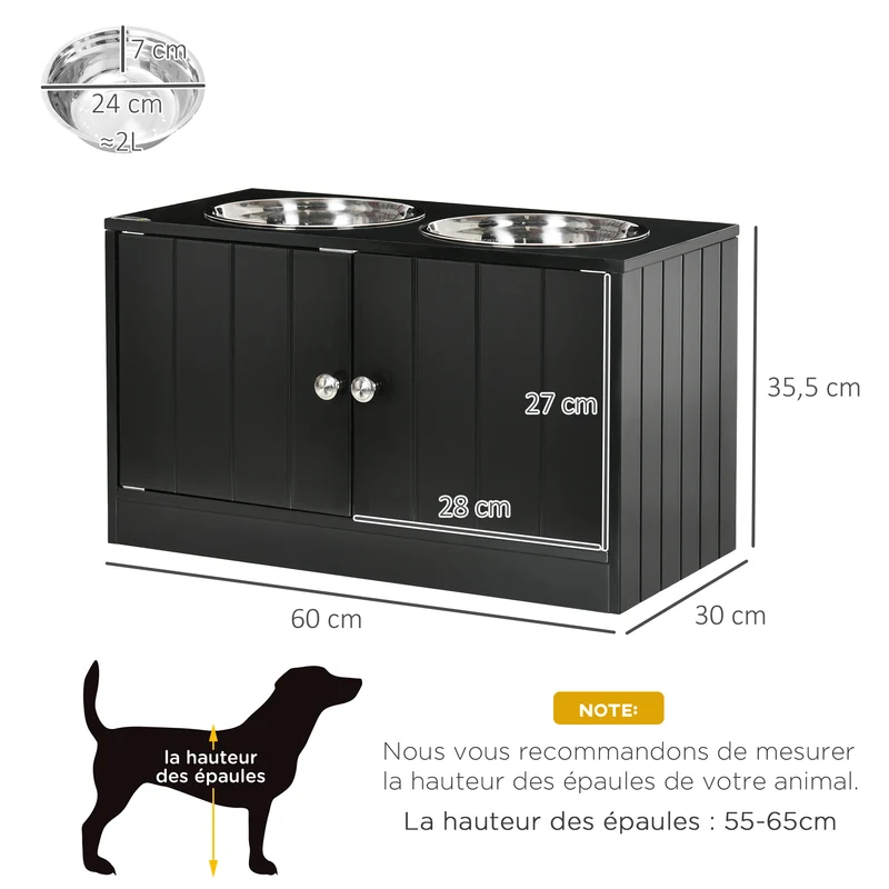 Support surélevé pour gamelles chien 60 x 30 x 35.5 cm améliore posture rangement sous bols design moderne en MDF noir 21_0007536