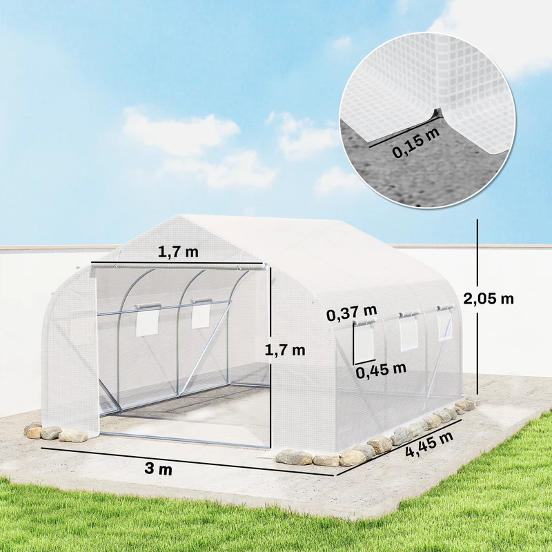 Serre tunnel de jardin 445 x 300 x 205 cm protection anti-uv 6 fenêtres et porte enroulable épuré en polyéthylène blanc 21_0004054