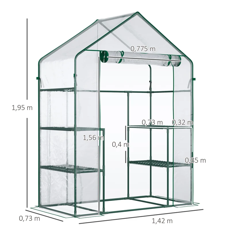 Serre de jardin culture 142 x 73 x 195 cm 4 tablettes porte zippée cordons sol contemporain épuré en acier vert foncé 21_0004068