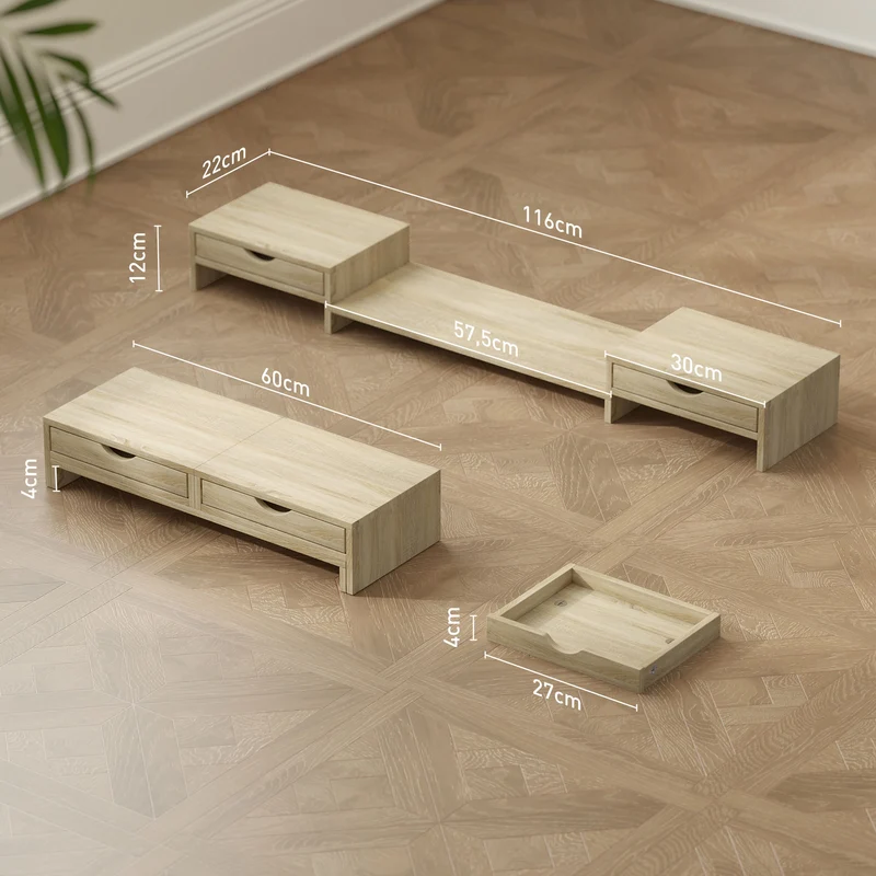 Rehausseur d'écran bureau extensible 60-116 x 22 x 12 cm tiroirs pour deux écrans moderne en panneau de particules chêne 21_0006373