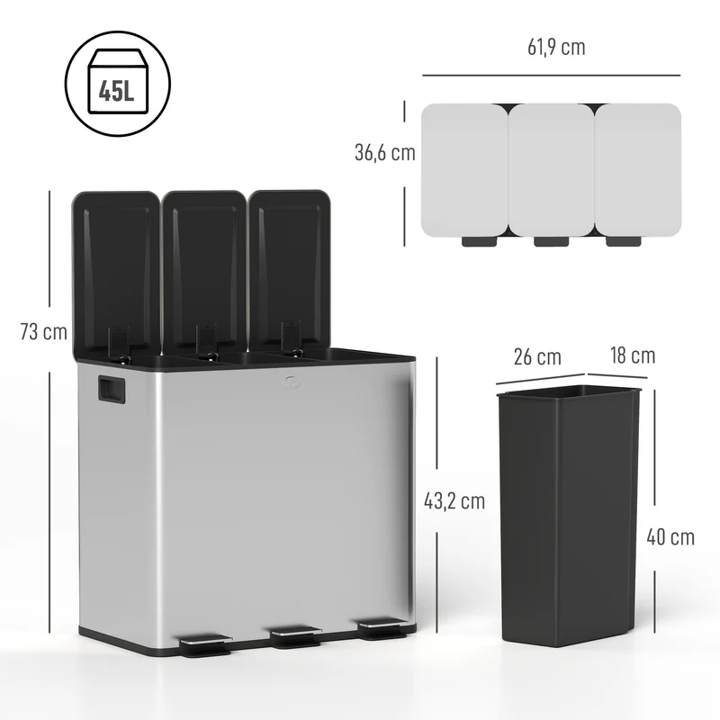 Poubelle de cuisine tri 61.9 x 36.6 x 43.2 cm 3 x 15 l seaux amovibles anti traces moderne en acier inoxydable argent 21_0005909