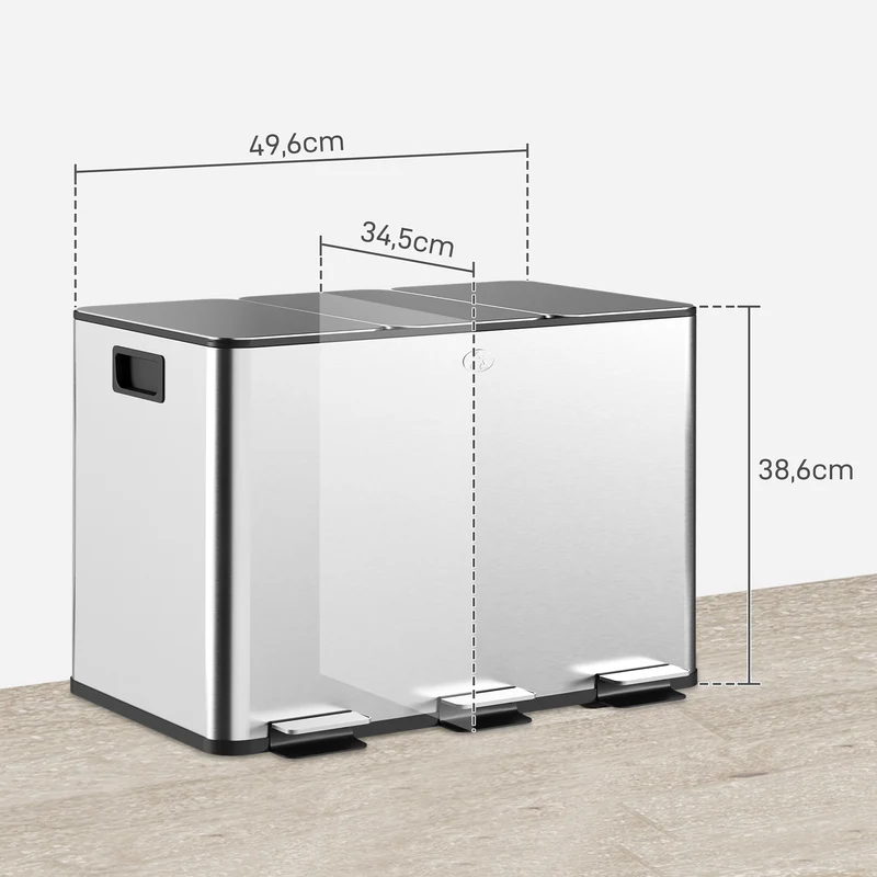 Poubelle de cuisine tri 49.6 x 34.5 x 38.6 cm 3 compartiments seaux amovibles moderne épuré en acier inoxydable argent 21_0005912