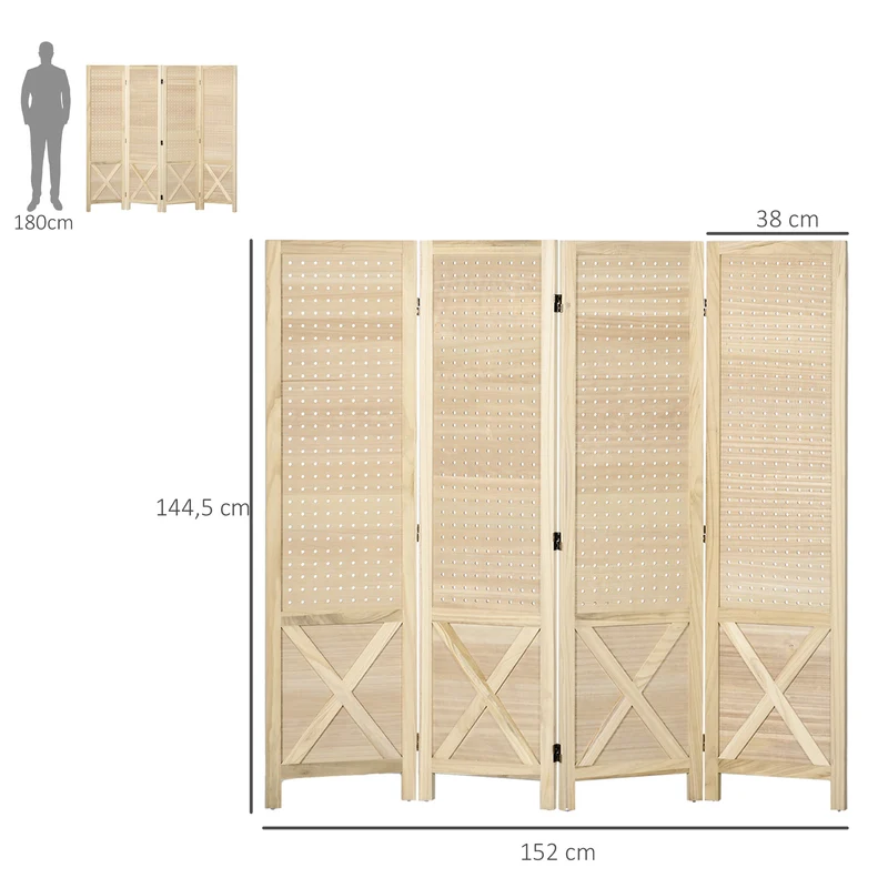 Paravent intérieur 4 panneaux perforés séparateur 152 x 1,7 x 144,5 cm intimité pliant motif x scandinave en bois naturel 21_0001298
