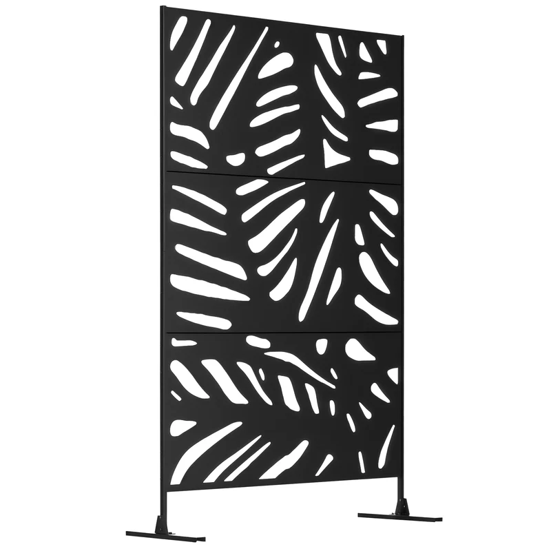 Paravent extérieur décoratif motif végétal 122 x 45 x 198 cm délimitation et intimité moderne scandinave en acier noir 21_0003971