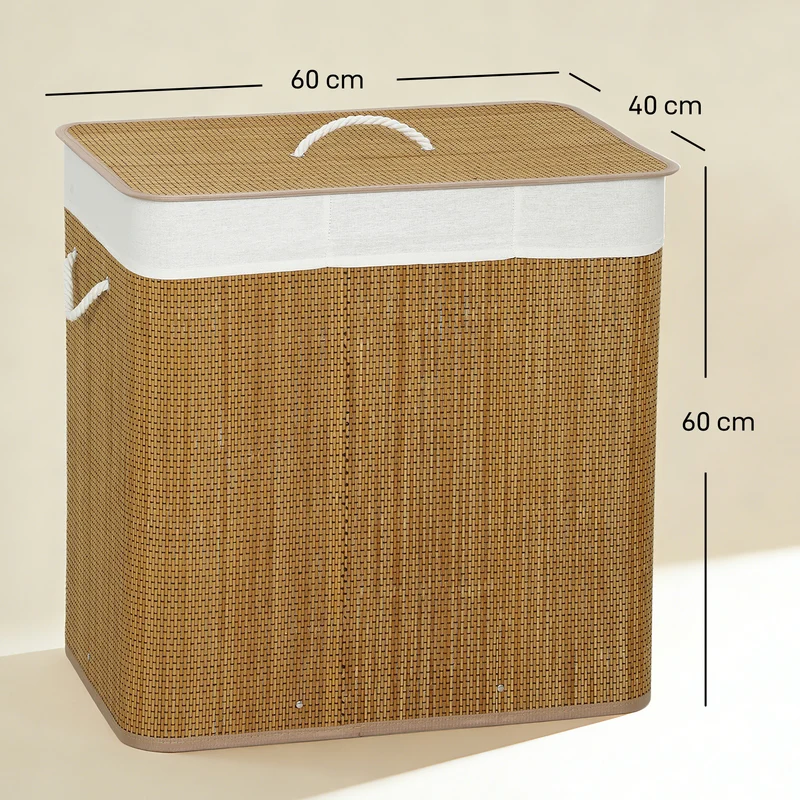 Panier à linge trois compartiments 60 x 40 x 60 cm sacs lavables poignées de transport scandinave épuré en bambou marron 21_0005878
