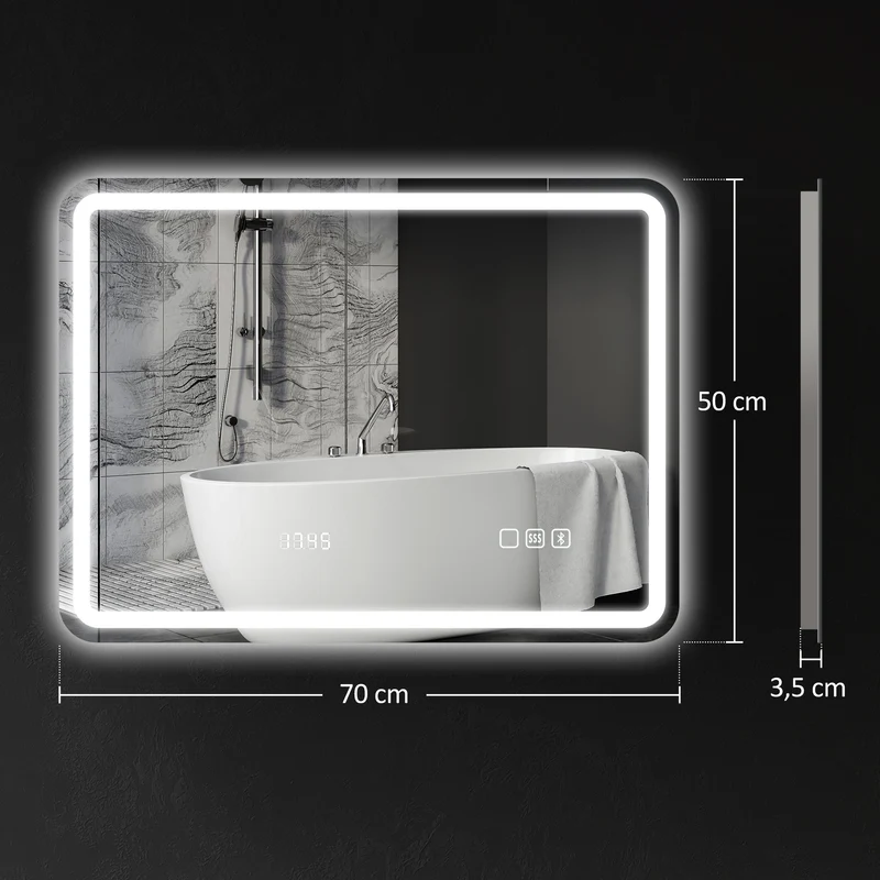 Miroir salle de bain mural 50 x 70 x 3,5 cm éclairage led réglable et anti-buée moderne épuré en verre trempé argenté 21_0002087