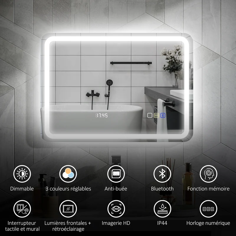 Miroir salle de bain mural 50 x 70 x 3,5 cm éclairage led réglable et anti-buée moderne épuré en verre trempé argenté 21_0002087