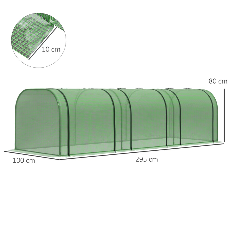 Mini serre de jardin 3 portes 295 x 100 x 80 cm protection contre intempéries bâche 140g/m² facile moderne en pe vert 21_0004112