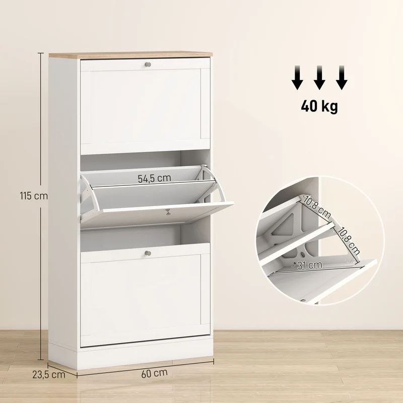 Meuble à chaussures étroit 60 x 23.5 x 115 cm 3 portes gain de place scandinave épuré en panneau de particules blanc 21_0002680