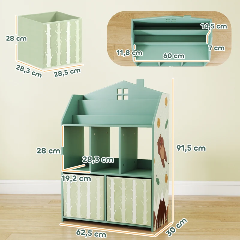 Étagère rangement enfant 62 x 30 x 91.5 cm hauteur adaptée anti basculement moderne scandinave finition mate en MDF vert 21_0000178
